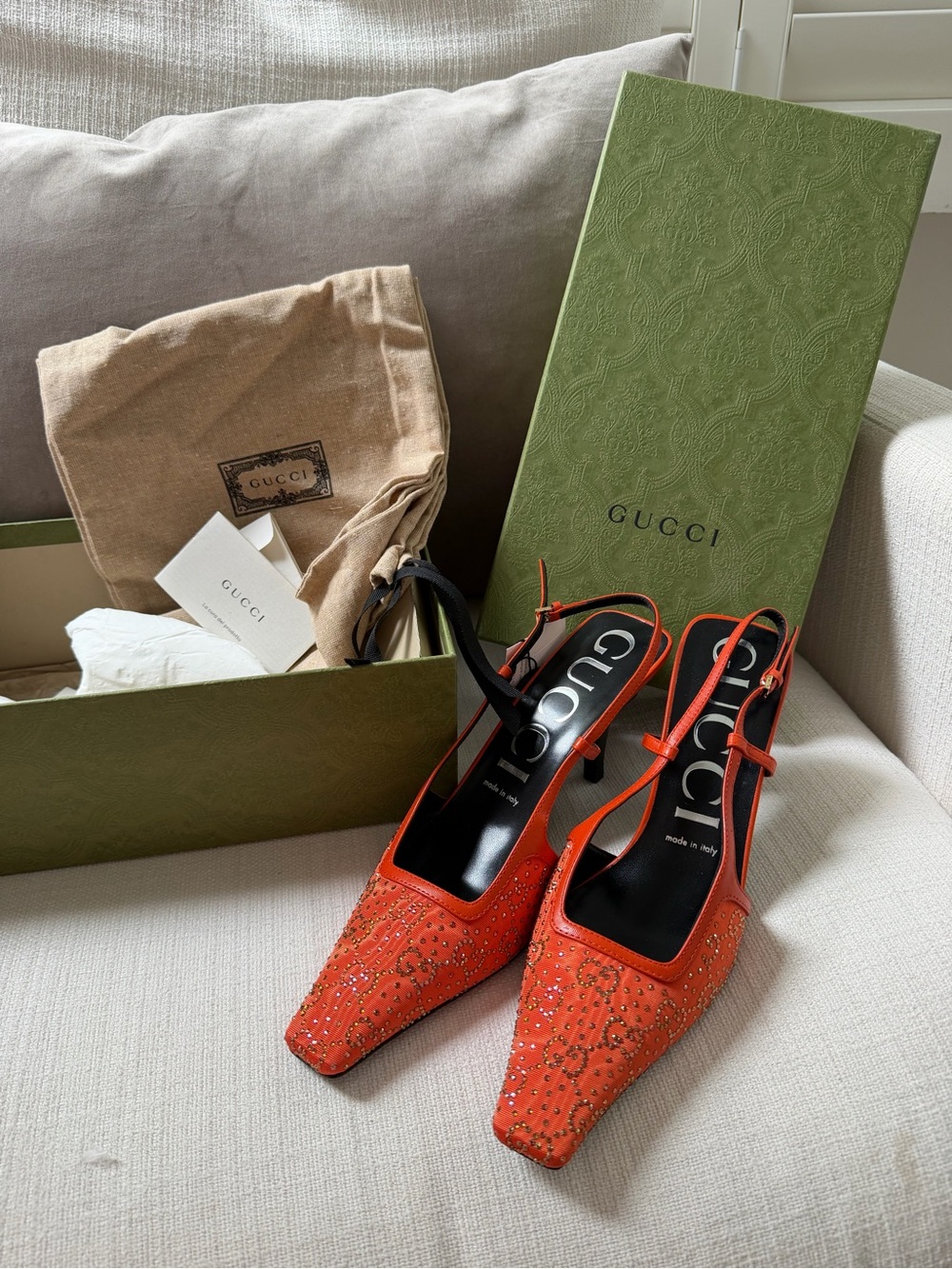 Gucci Orange Crystal-Embellished Slingback Heels
